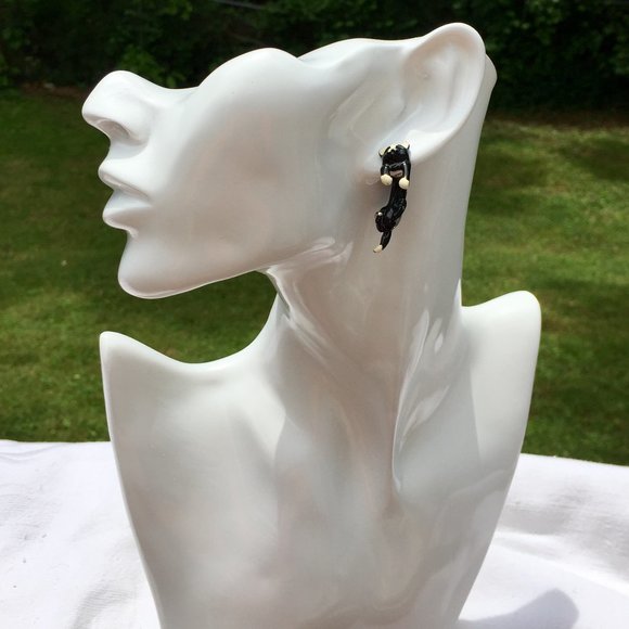 90s Vtg Enamel Cat 3D Drop Earrings - So Cute! - Picture 1 of 15